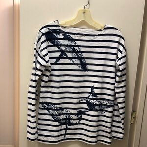 J. CREW tunic style top with navy and white stripes and whale design